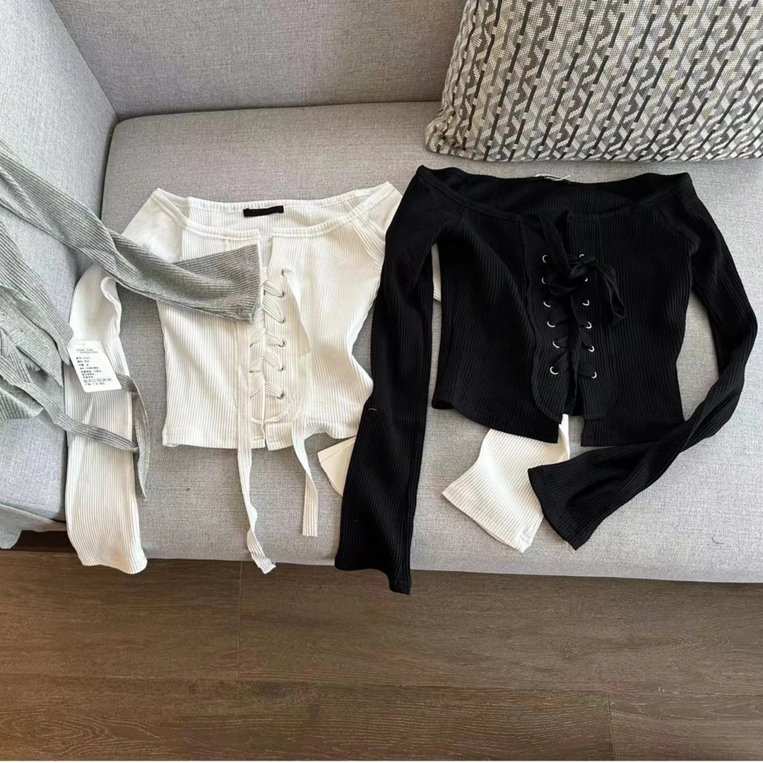 纯欲风系带修身一字肩T恤短款上衣23303