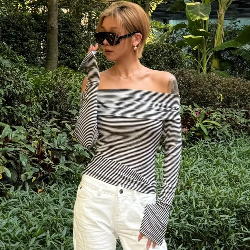 设计师一字肩条纹修身上衣T恤88597