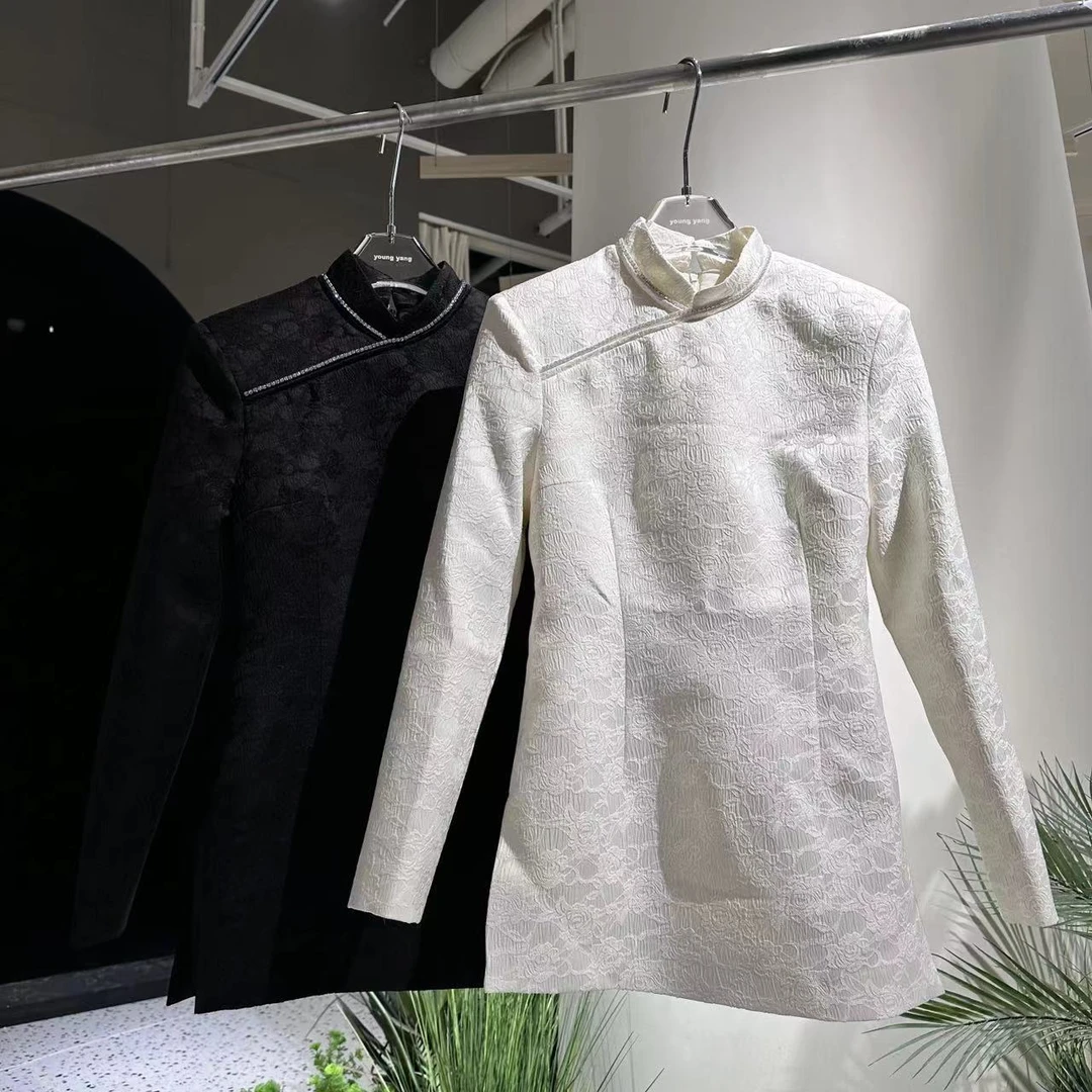 新中式立领提花镶钻复古连衣裙23785