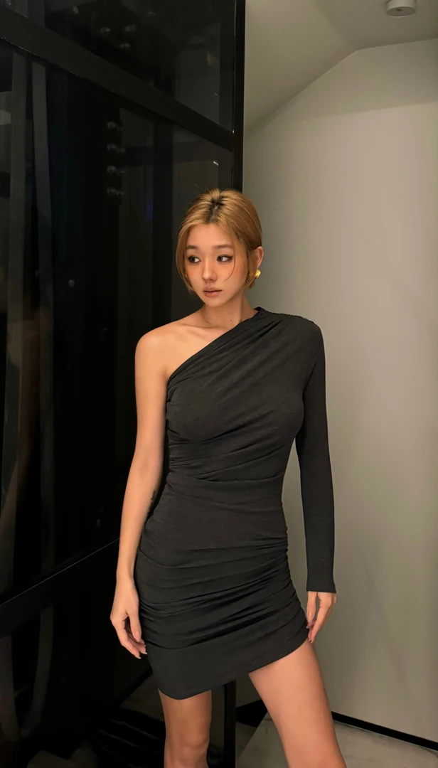 单袖不规则短裙显瘦抽褶包臀裙（单袖左右都可穿）88571