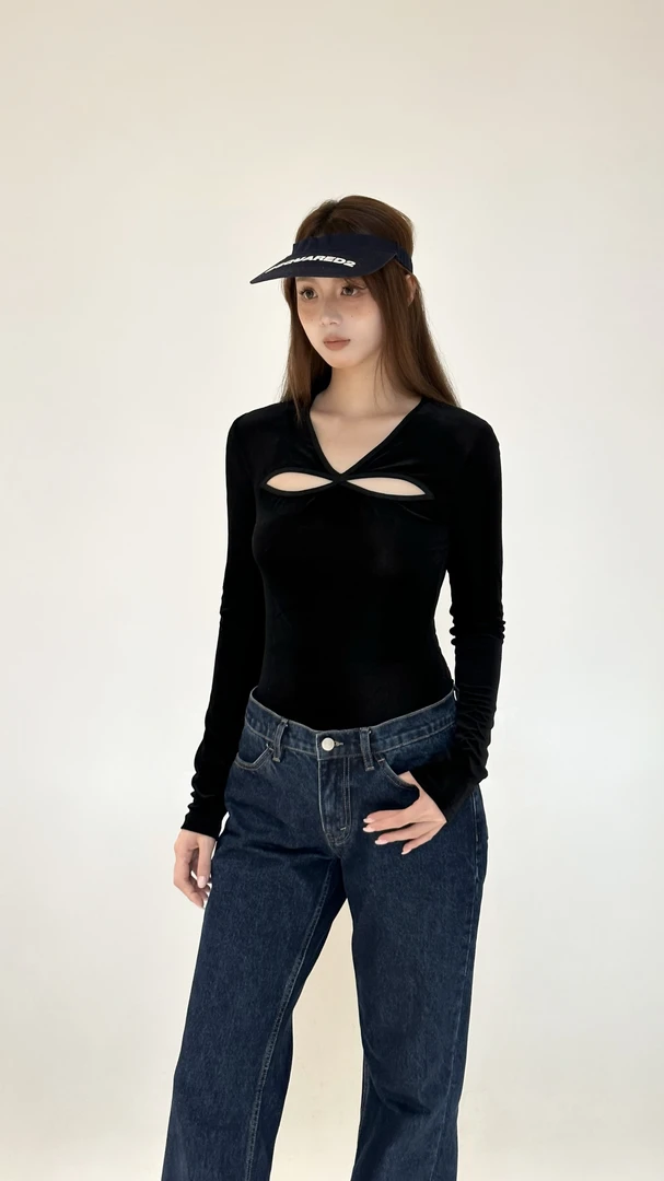 港风镂空丝绒打底T恤秋冬上衣23550