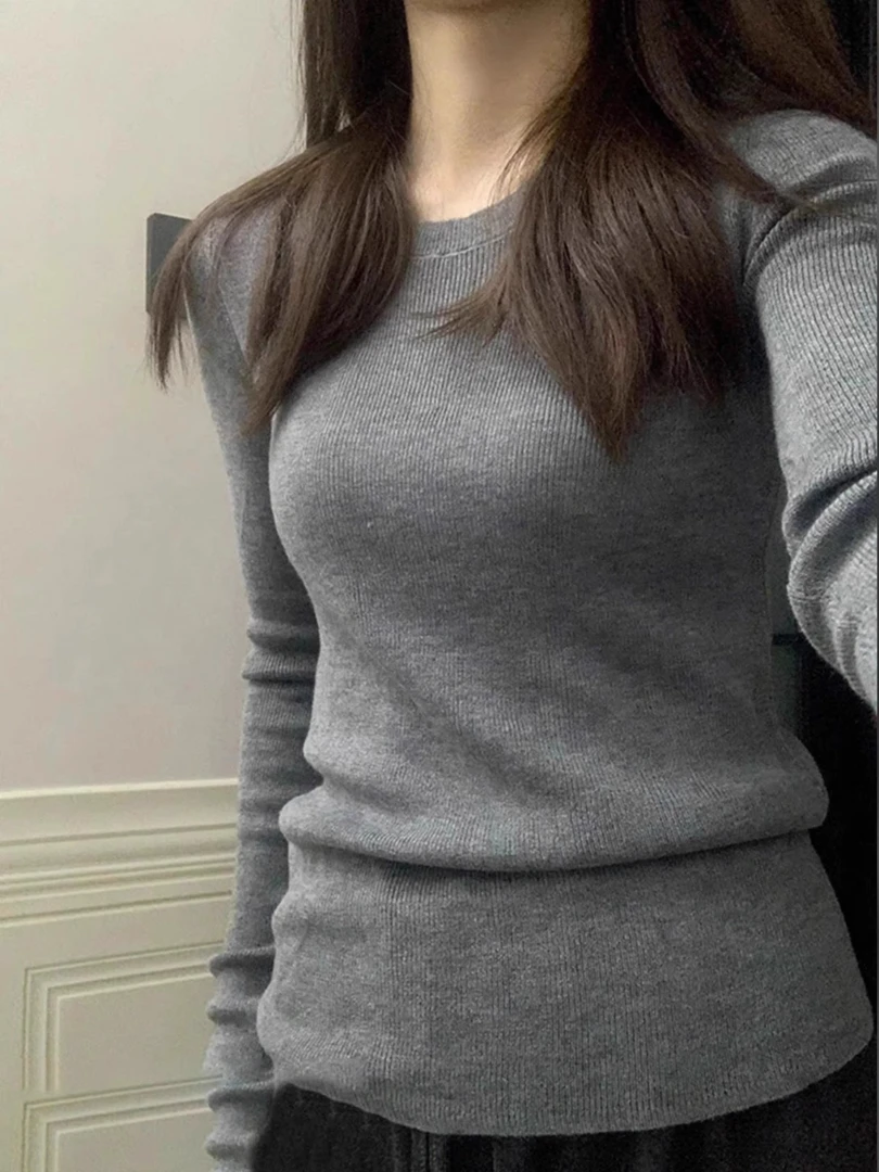 秋冬装长袖t恤女圆领德绒纯色修身显瘦洋气百搭套头上衣保暖内搭