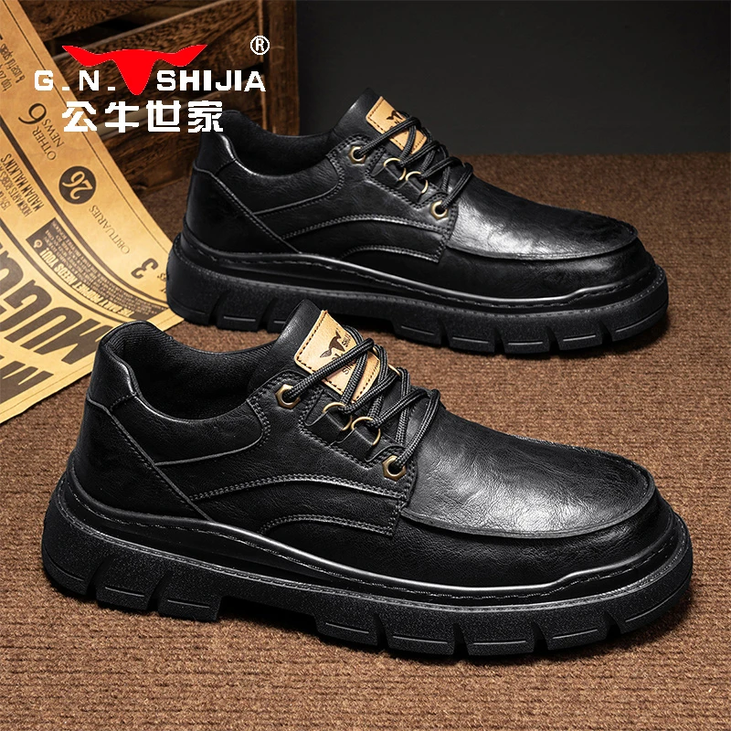 公牛世家冬季皮鞋男厚底增高工作男鞋时尚百搭男士商务正装休闲鞋