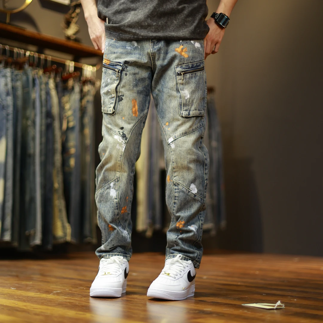 DSQCIFND2工装泼漆宽松复古水洗做旧牛仔裤99988