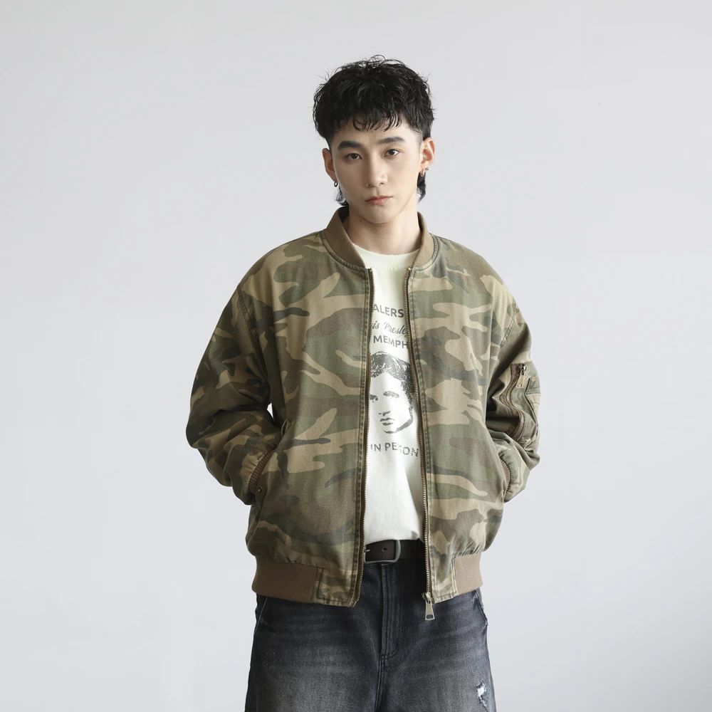 344美式街头迷彩旧化夹克 短款飞行员夹克 迷彩棒球服休闲男外套