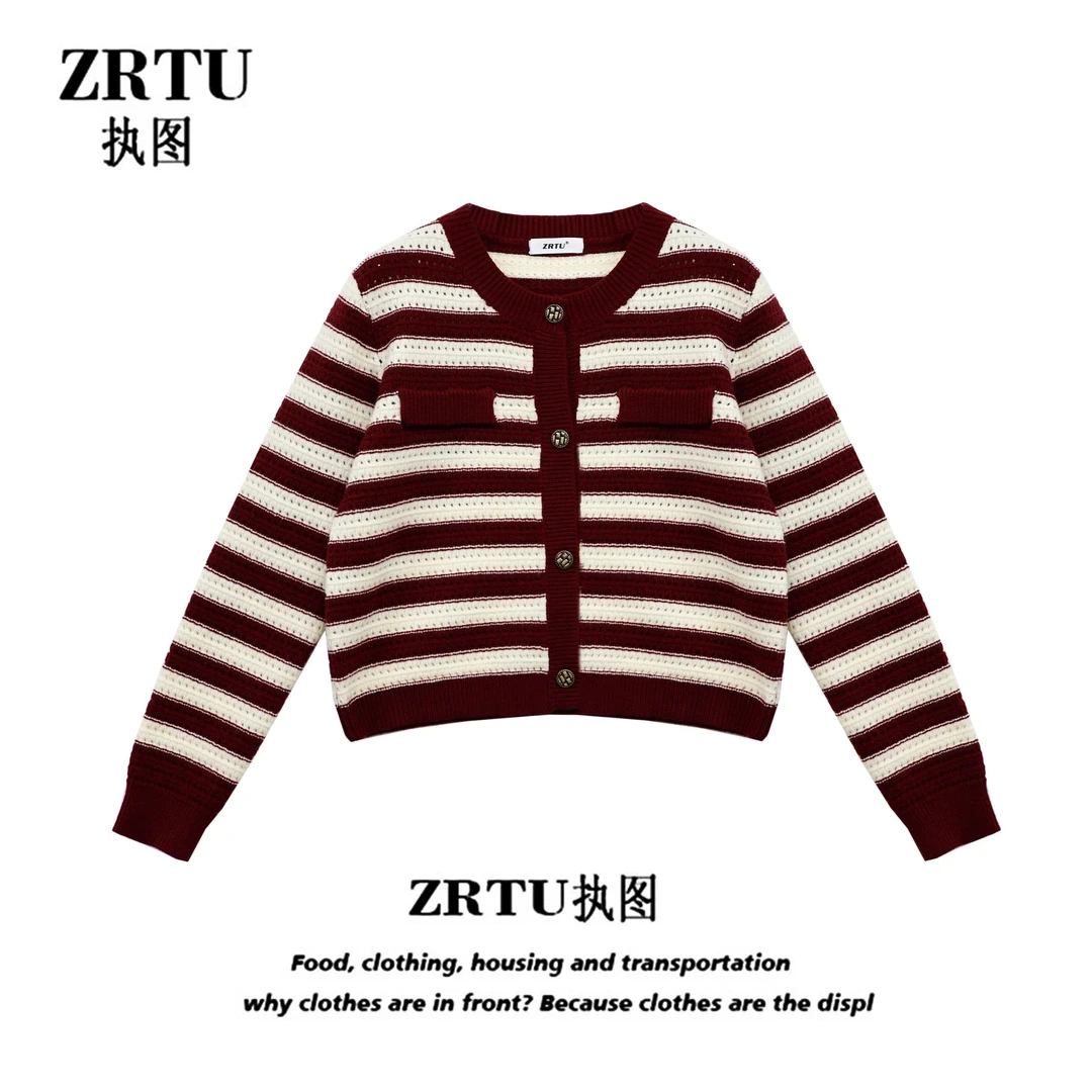 ZRTU 2024新款条纹纽扣长袖针织衫女小香风毛衣短外套