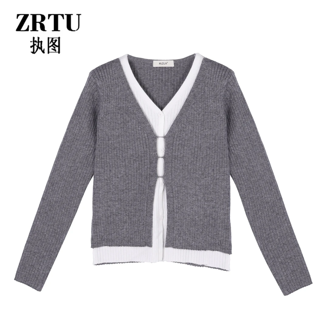 ZRTU 2024新款假两件设计感长袖辣妹风毛针织衫上衣女