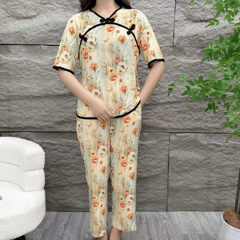 夏季V领网红套装106复古民族风上衣+9分阔腿裤两件喜庆民族舞蹈服