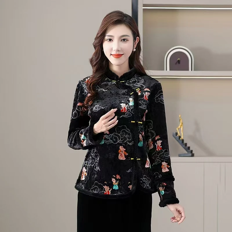 2024上衣提花中国风民族风加绒厚款长袖保暖中式短款复古网红ins