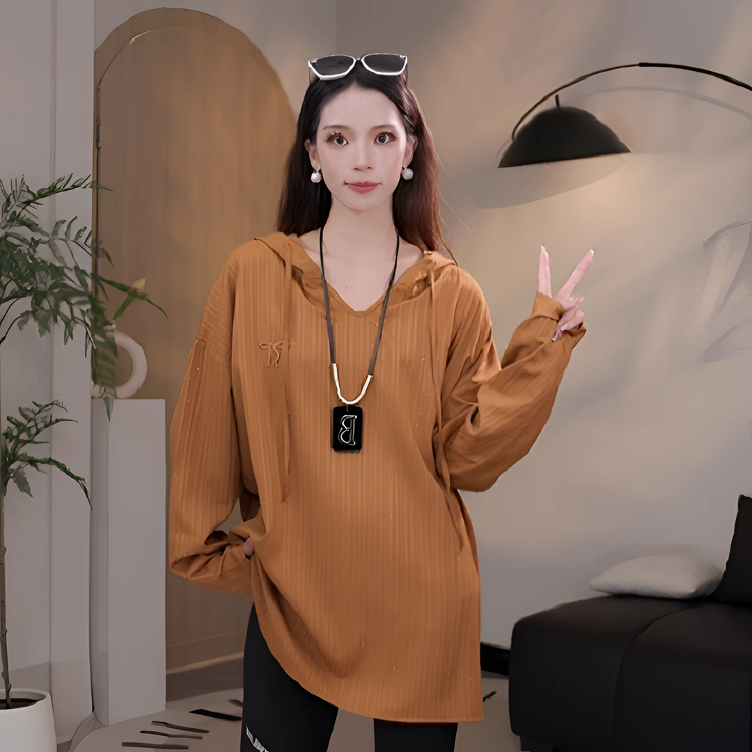 2024【早秋新款】简约百搭款外穿内搭连帽蝴蝶结刺绣上衣24831