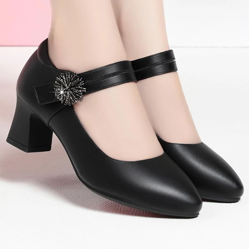 春秋软底一字扣带高跟黑色中老年浅口配旗袍女鞋中年妈妈单鞋皮鞋