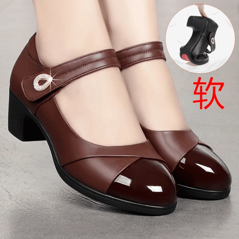 软底舒适粗跟中跟一字扣带中年妈妈鞋皮鞋中老年圆头女鞋单鞋春秋