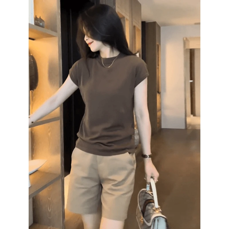 洋气减龄纯色圆领套头坎肩上衣T恤2025夏季新款薄款冰丝女装夏装