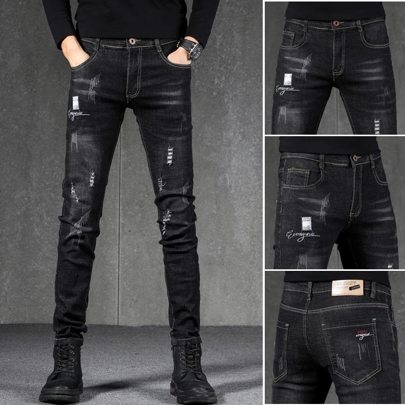 春夏季大码牛仔裤男士潮流破洞弹力牛仔裤男青年韩版修身小脚裤潮