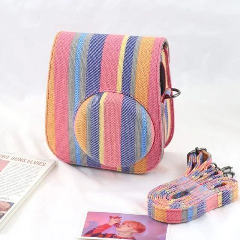 拍立得MINI12/11/9/8单肩帆布条纹相机包户外防水便携肩包相机包