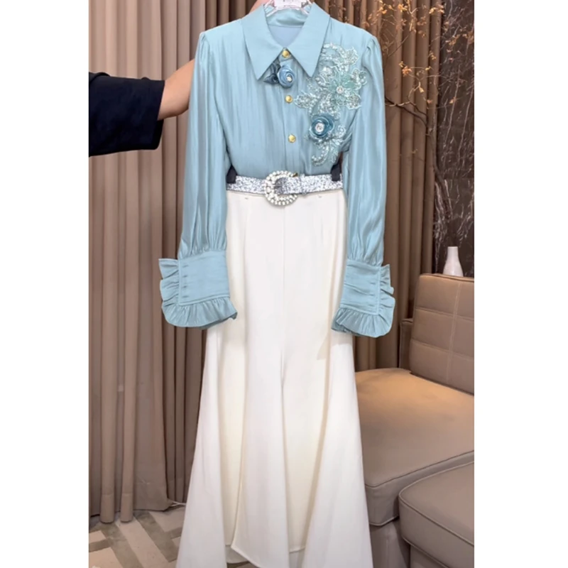 芙娜妮法式衬衫设计感长袖polo领秋季扣式刺绣半身裙F2431392B