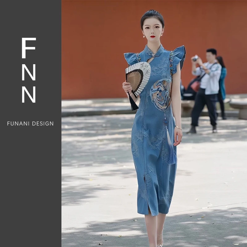 芙娜妮夏季新款牛仔裙国风收腰无袖小设计连衣裙女F2410908-15号