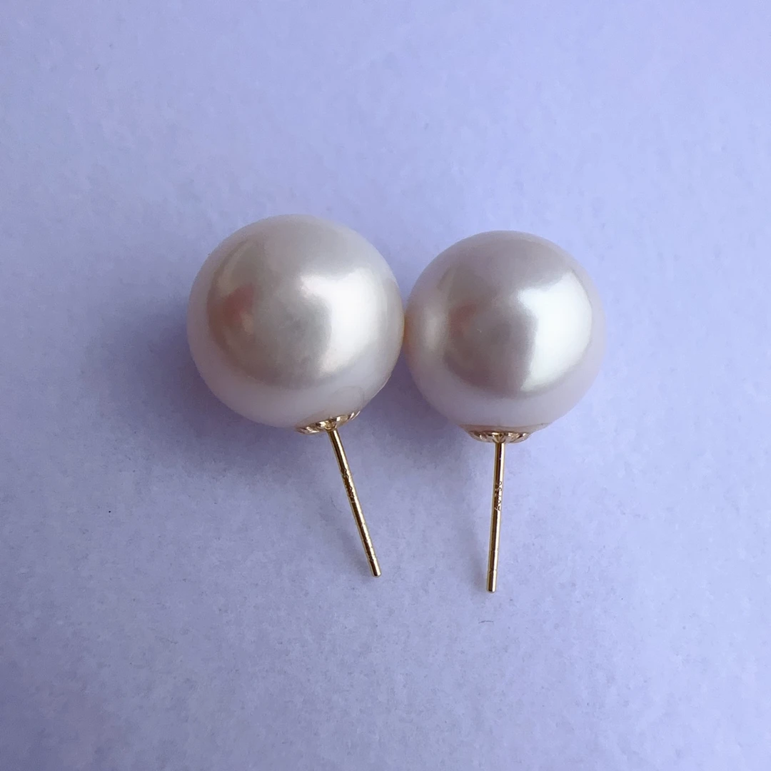米梵勒 珍珠耳钉18K金正圆13-14mm龙珠素款百搭天然淡水珍珠耳环