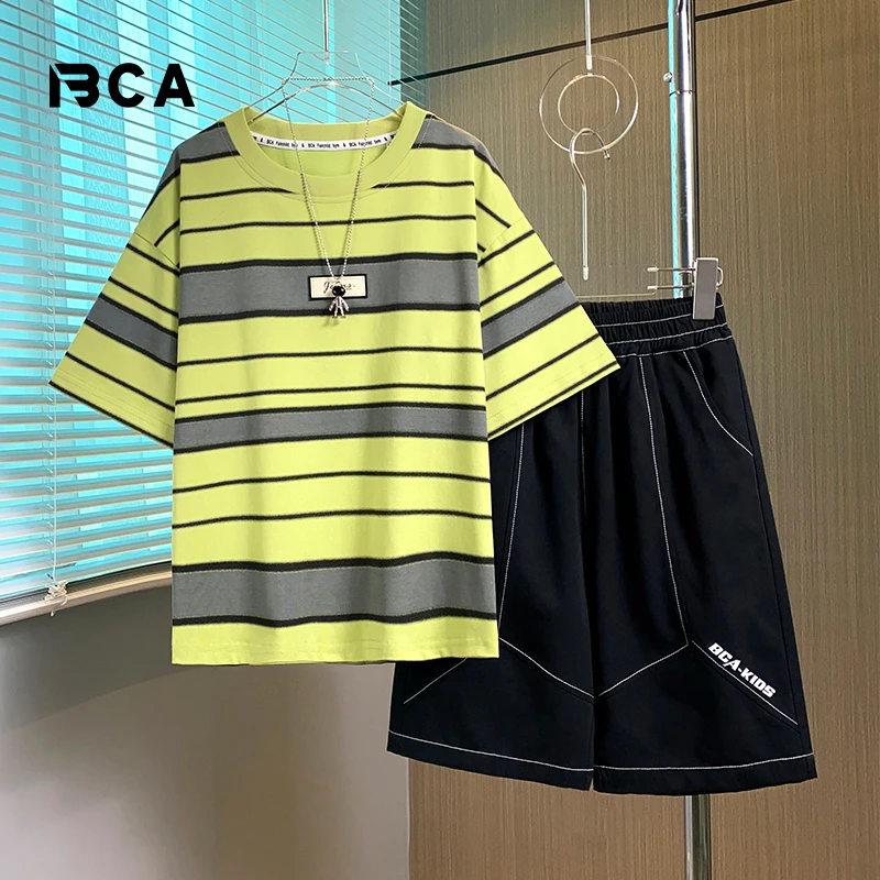 贝伊萌中大男童学院风夏季条纹休闲运动宽松短裤套装DF-套装2387