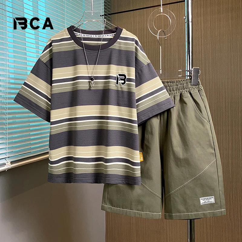 贝伊萌中大男童夏季条纹休闲运动宽松短裤套装DF-套装2334