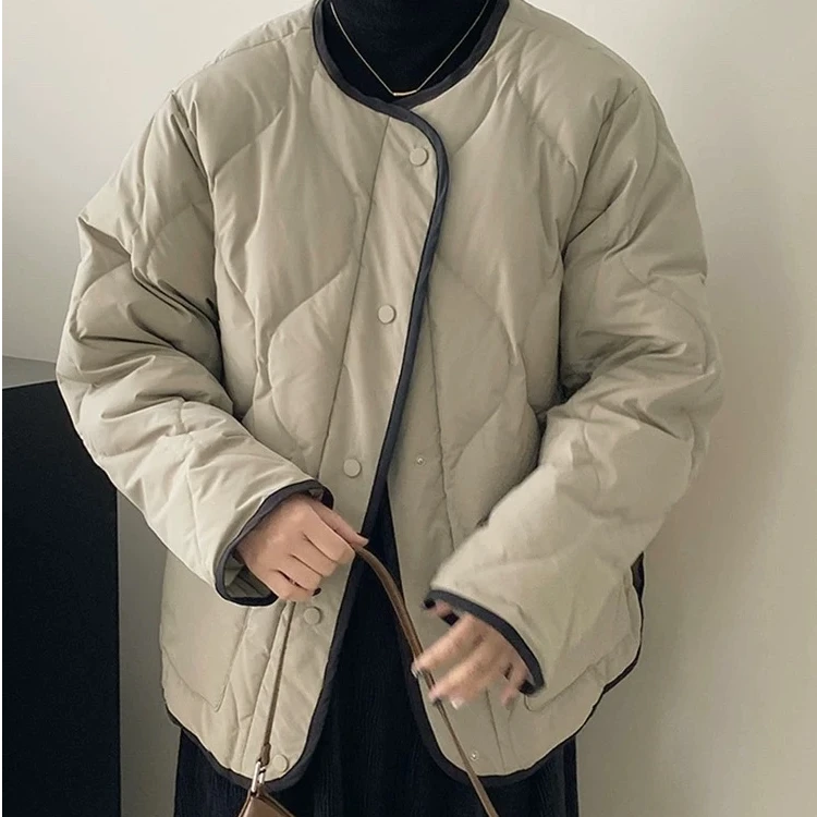 圆领菱形格棉服女冬季防寒超好看加厚夹棉外套