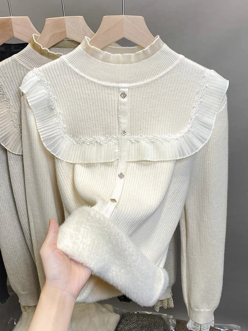 2024长袖针织衫蕾丝上衣