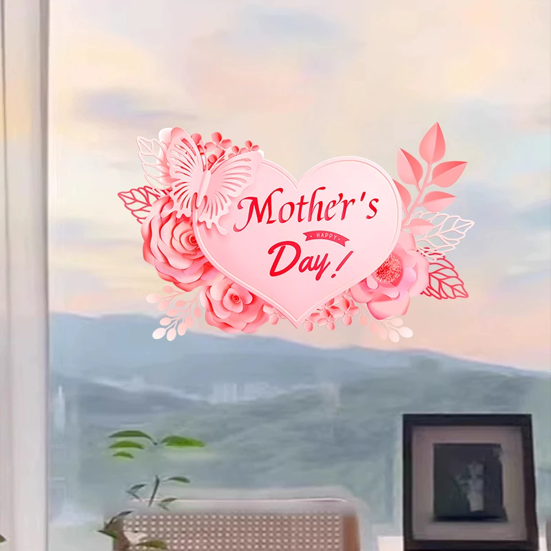 母亲节装饰玻璃贴纸窗花透明静电贴无痕商场店铺氛围场景玻璃贴膜
