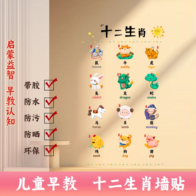 十二生肖卡通贴纸墙贴儿童房间可爱动物装饰贴画幼儿园教室布置