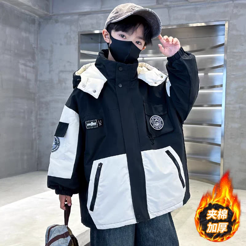 儿童装男孩秋冬装外套2024新款秋冬款大童加棉加厚男童派克服棉衣
