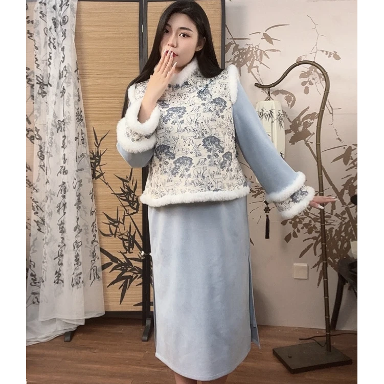 【圆啾啾专属】31793-复古新中式绒面马甲套装旗袍新款大码连衣裙