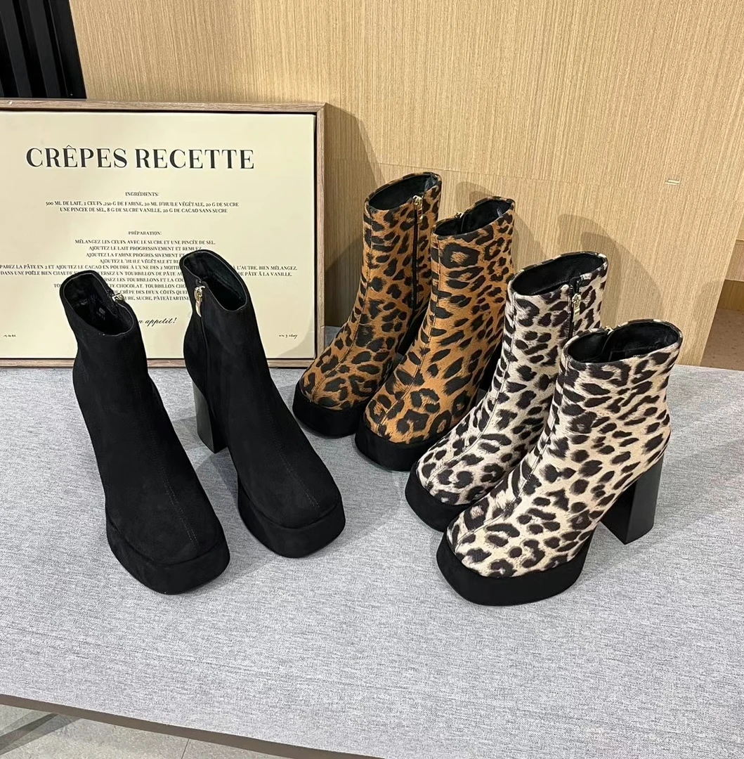 红帽63091欧美厚底靴女粗跟豹纹显瘦中筒靴高跟小短靴2024秋冬新