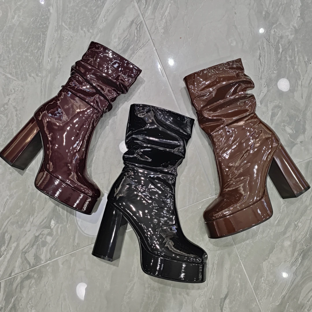 红帽63095欧美堆堆靴子女2024年新款增高短靴粗跟冬高跟鞋10厘米