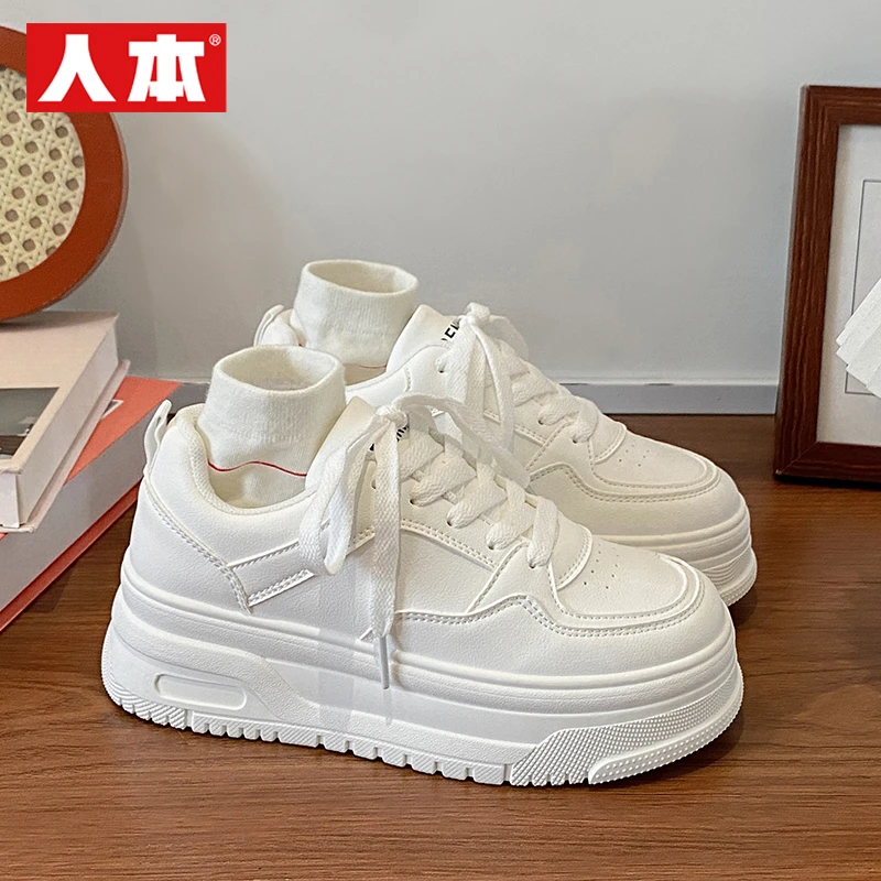 人本松糕底增高小白鞋女学生2025新款百搭高颜值轻便厚底休闲板鞋