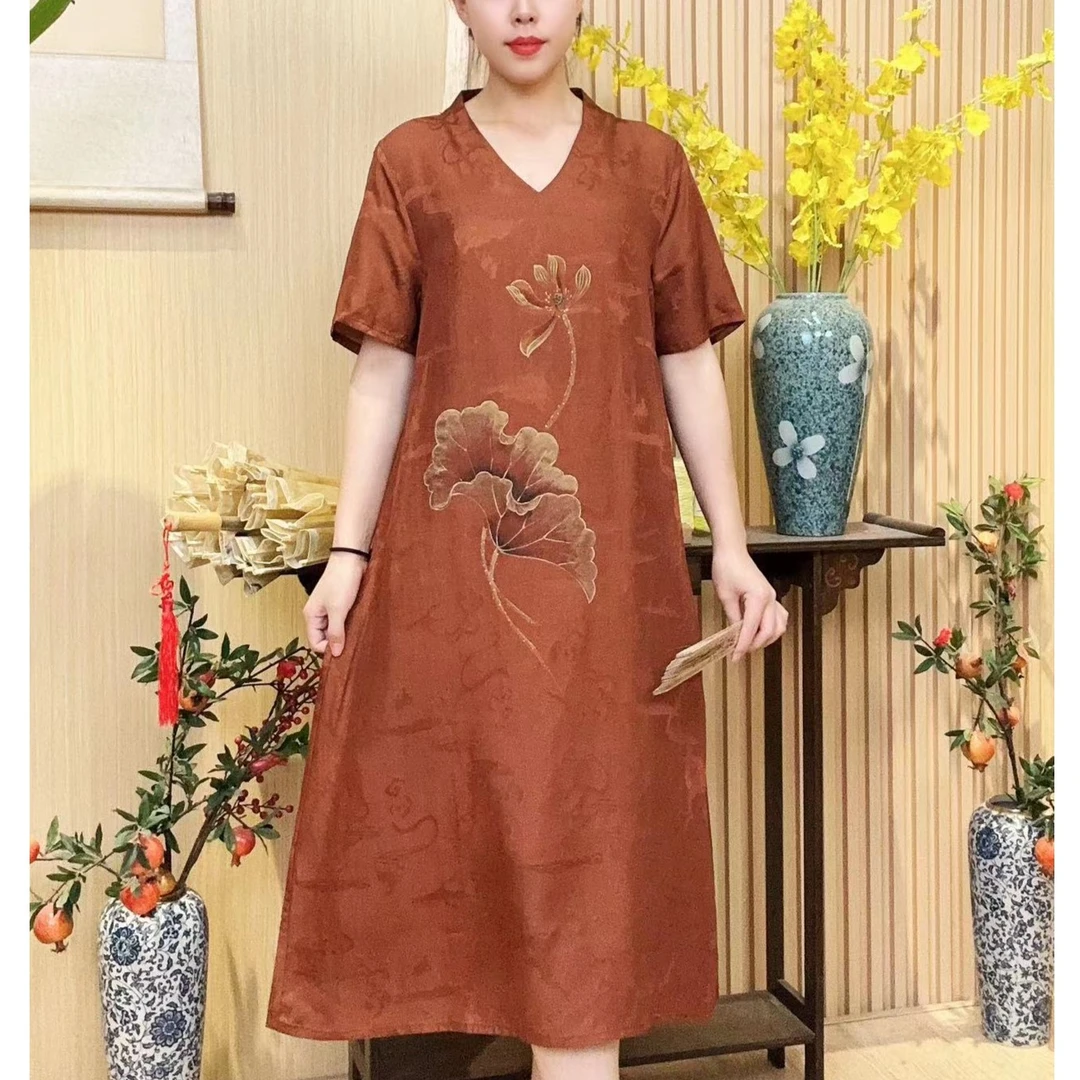 【云丝坊】LYQ123高端定制复古国风荷花桑蚕丝a字连衣裙长裙