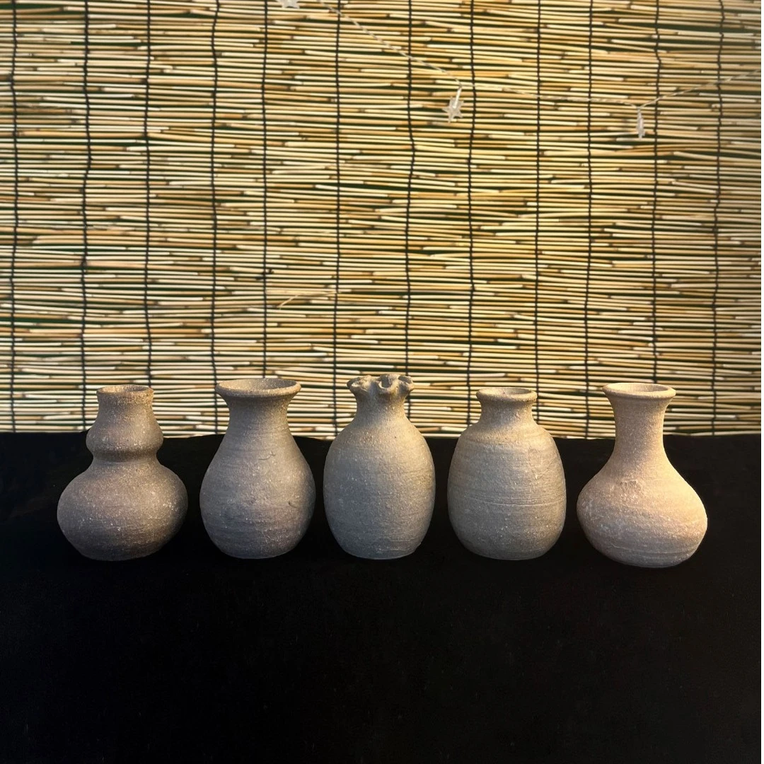 【粗陶纯手工小花瓶】龙窑柴烧迷你复古粗陶摆件|手工涂鸦小花瓶