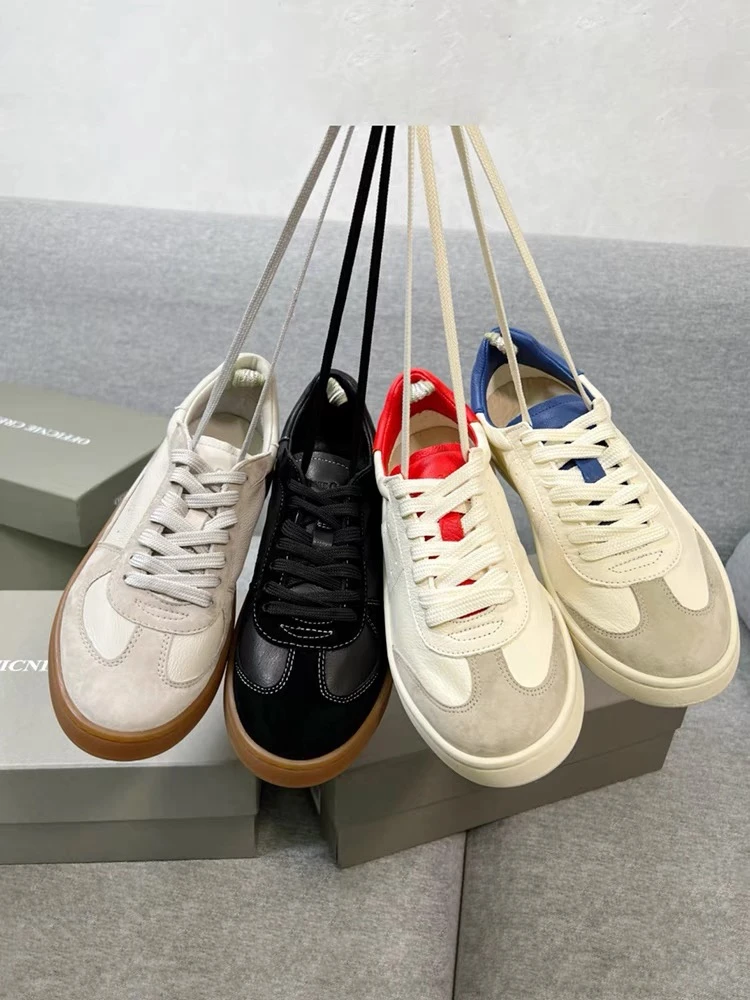 原单德训运动休闲鞋男女情侣款系带拼色牛皮舒适软皮底圆头鞋复古