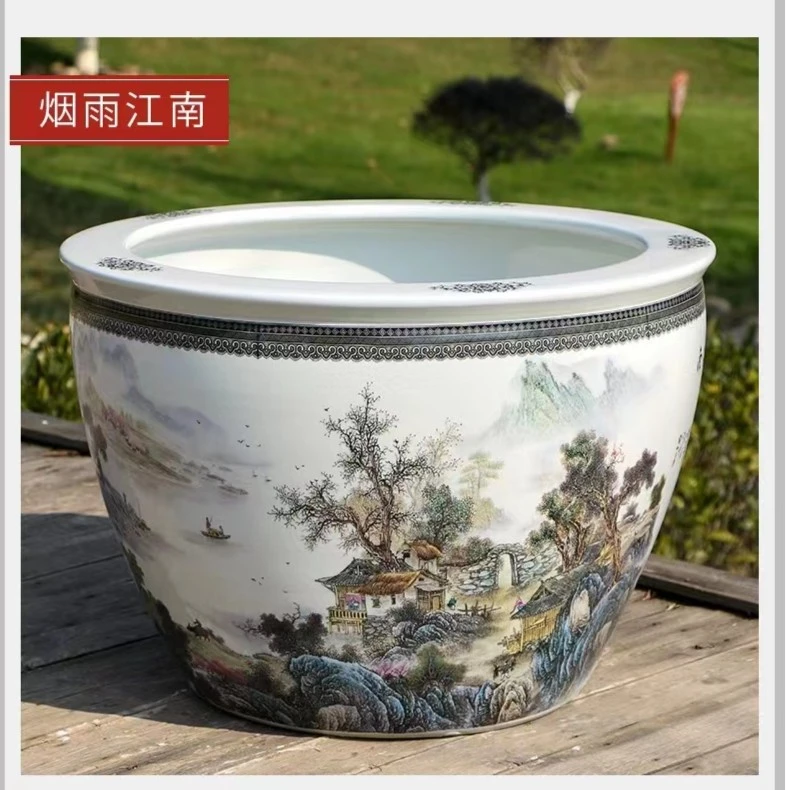 【71*50cm烟雨江南】景德镇满绘山水烟雨江南陶瓷大缸送底座