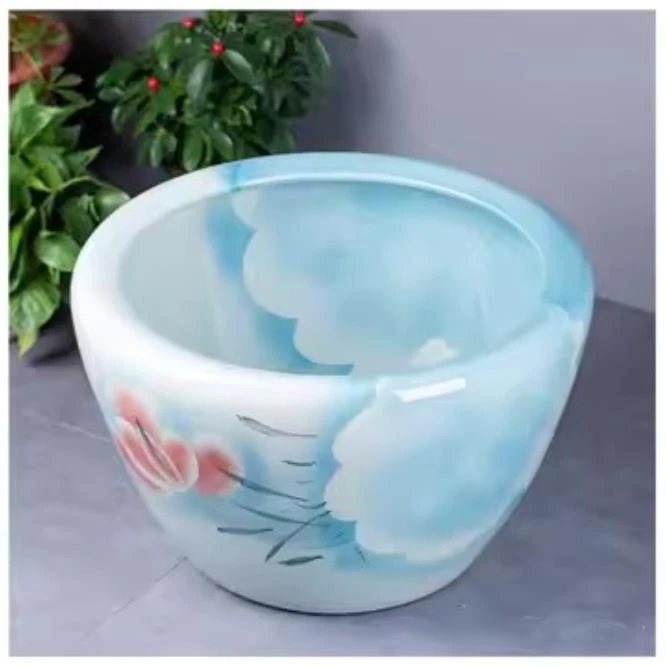 【60*41浅蓝红荷】景德镇陶瓷天蓝红荷半满绘大缸送底座