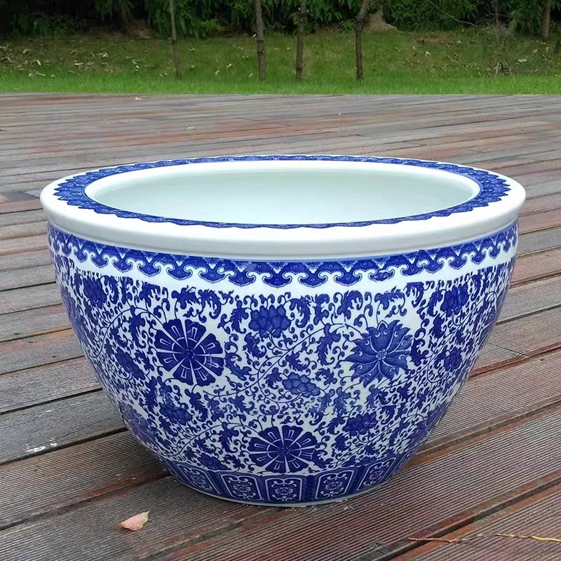 【71*51cm缠枝莲】景德镇青花枝莲陶瓷大缸送底座