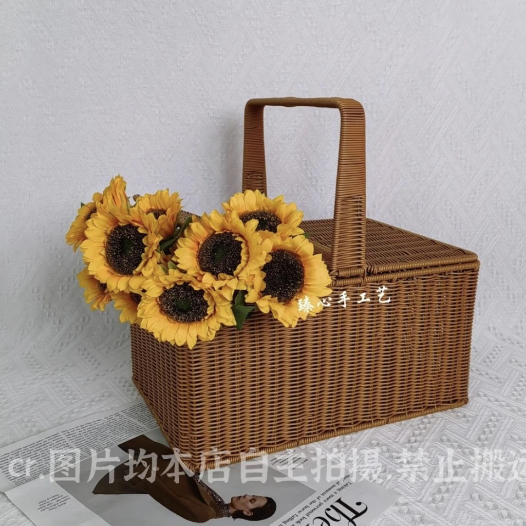 TF11大号仿藤纯手工编织长方形双色野餐篮收纳篮购物篮