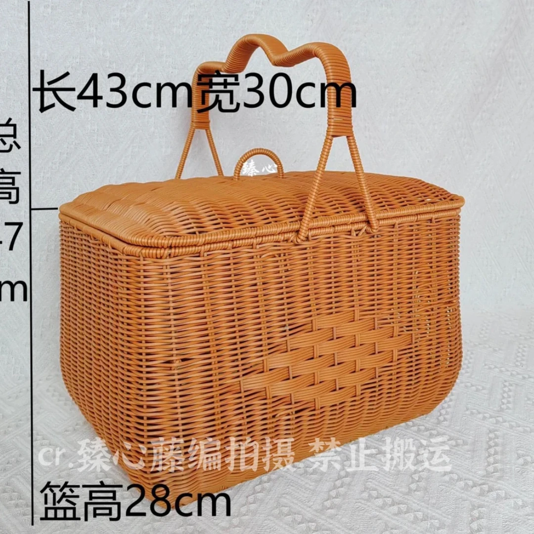 TF26仿藤纯手工编织大容量双层方形拜拜篮、野餐篮买菜篮储物篮