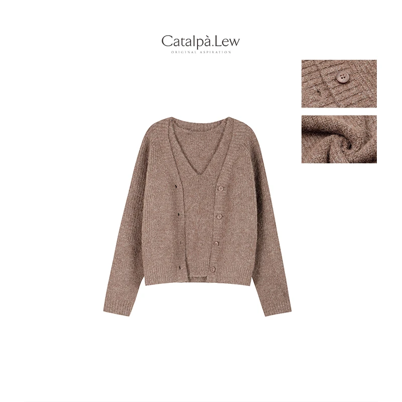 CatalpaLew「梅醺」腔调穿搭马海毛侘寂风暖美背心开衫套装 #C8919