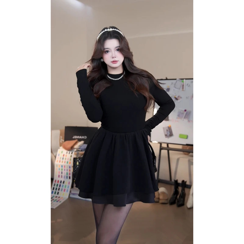 朴萄PUUTAO【芭蕾小姐】秋冬纯色收腰长袖蓬蓬连衣裙P243DY182