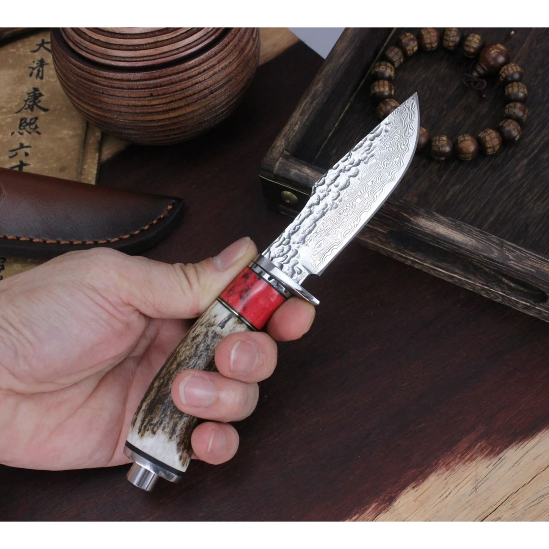 新疆包邮 大马士革钢 吃手抓肉小刀 家居水果刀 家用 便携 野营