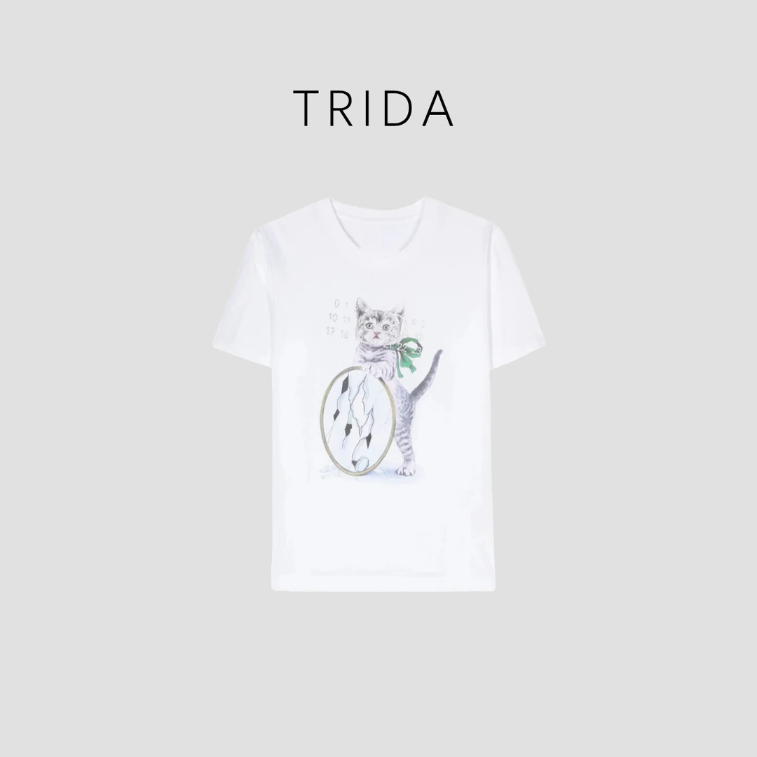 【九妹海淘】白色圆领猫咪图案印花休闲短袖T恤9498B