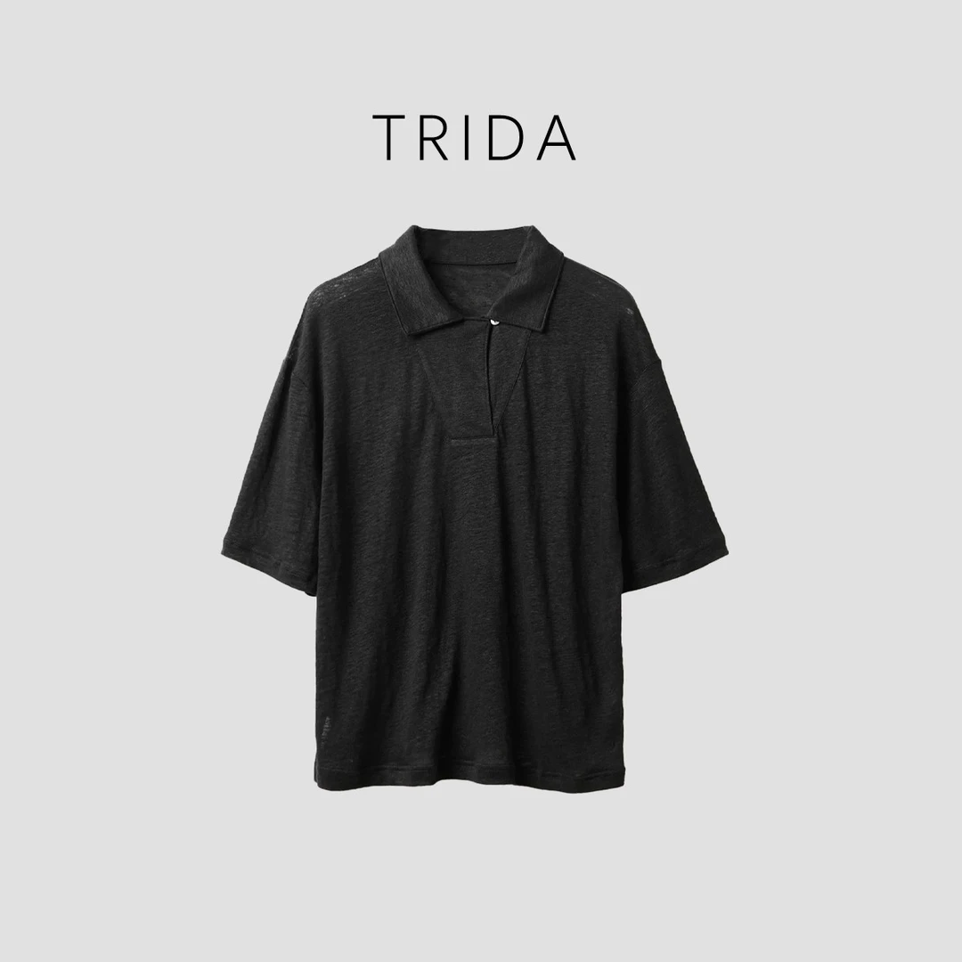 【Trida】两色圆领短袖设计款亚麻翻领休闲衬衫9523B