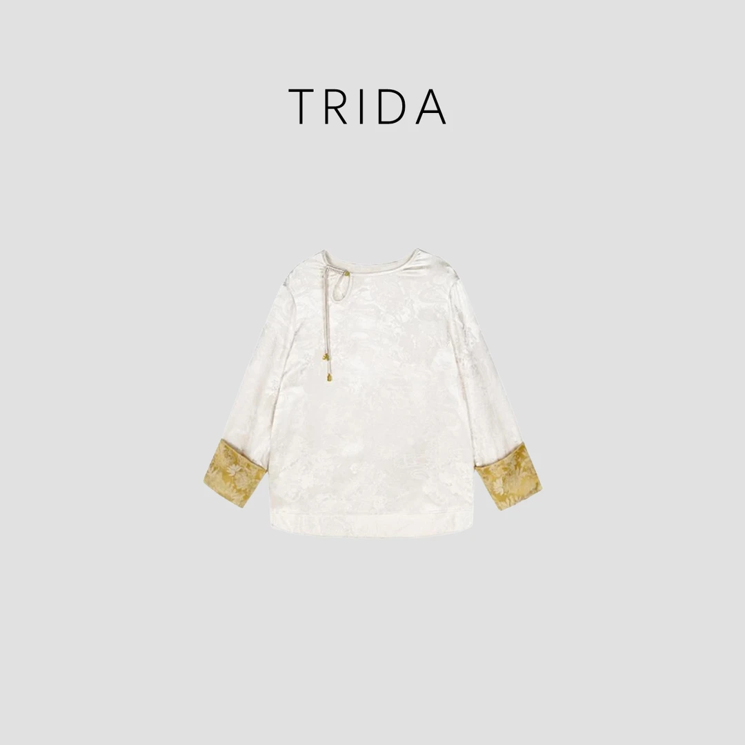 【Trida】女士两色圆领新中式袖口拼色设计款金属扣衬衫9689B