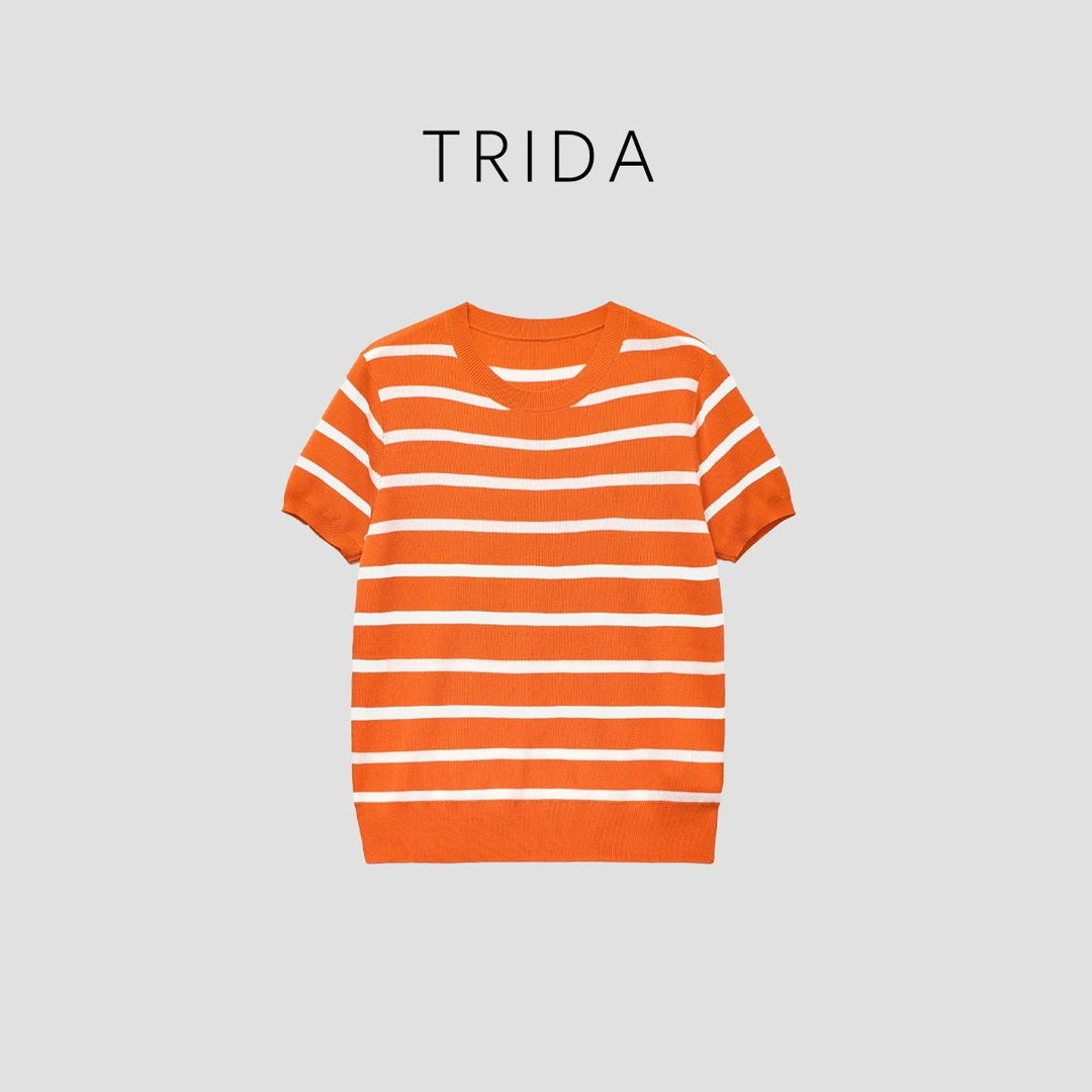 【Trida】女士两色圆领短袖条纹撞色设计款T恤针织衫9532A