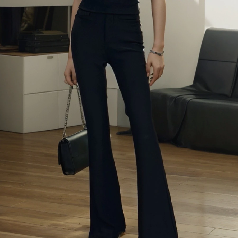 西装喇叭裤女2024秋冬季新款高腰显瘦垂感加长黑色弹力拖地微喇裤