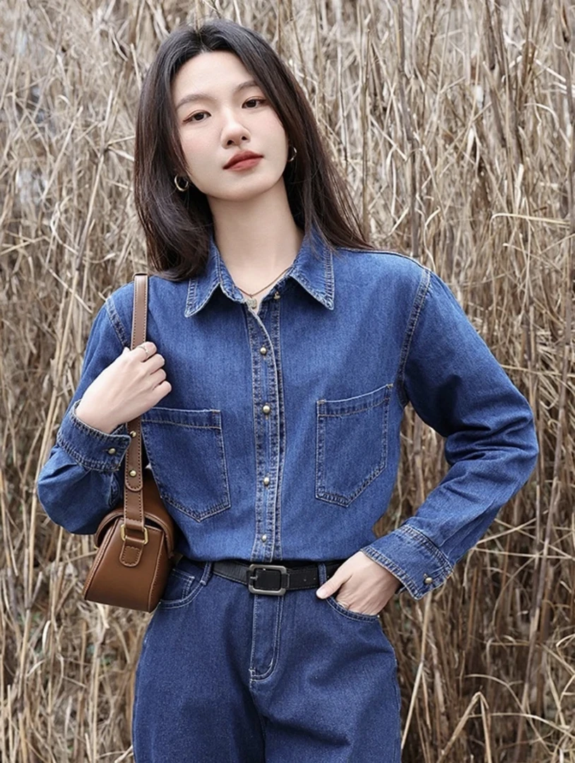 做旧蘑菇扣港风牛仔衬衣